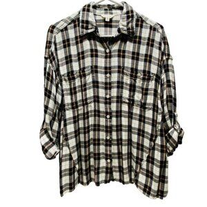 Max Studio Button-Up Shirt Women's Medium Black White Plaid Roll Tab Sleeves GUC